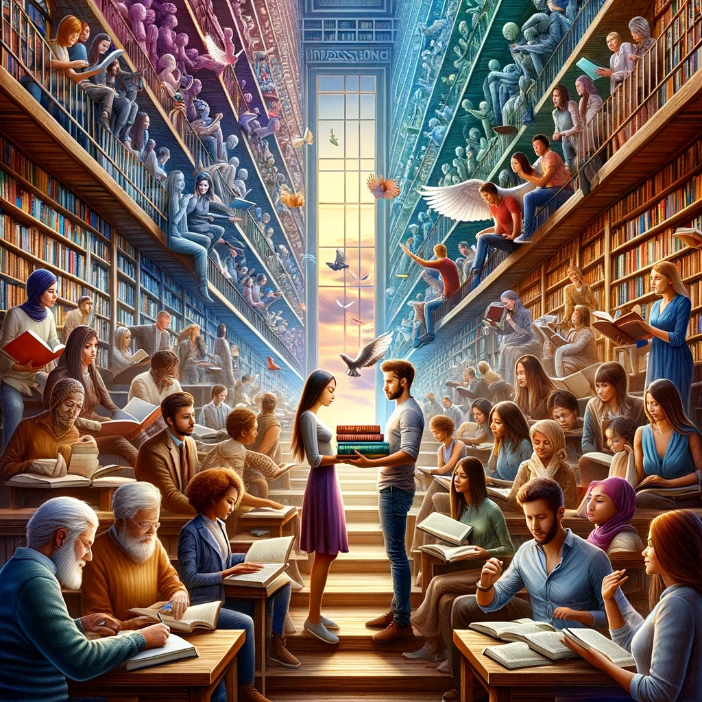 An image depicting a library filled with books from floor to ceiling, with a diverse group of people reading, discussing, and sharing knowledge. In the foreground, a young woman is giving a book titled "Empathy and Understanding" to an older man, symbolizing the transfer of wisdom and the importance of open-mindedness. The scene is vibrant and filled with activity, showcasing a variety of cultures and backgrounds. Each person is engaged in learning about different perspectives, highlighting the theme of inclusivity and the power of education to bridge divides. The library acts as a metaphor for a world where knowledge and understanding bring people together, creating a harmonious and inclusive society.