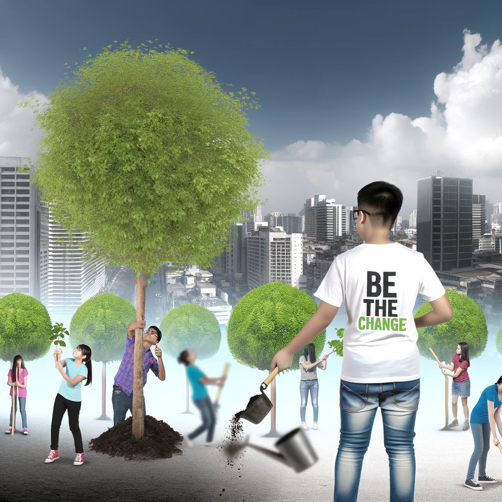 A digital art piece showing a young person wearing a t-shirt that reads, "Be the Change," planting a tree in an urban setting. Around them, the city is transforming from grey and lifeless to vibrant and green, with more trees and plants appearing. In the background, a diverse group of people are joining in, each adding their own plant to the cityscape. The sky is clearing up, turning from smog-filled to bright blue, symbolizing hope and positive change. This image captures the spirit of individual action leading to collective impact, emphasizing the role each person plays in environmental conservation and creating a healthier planet.
