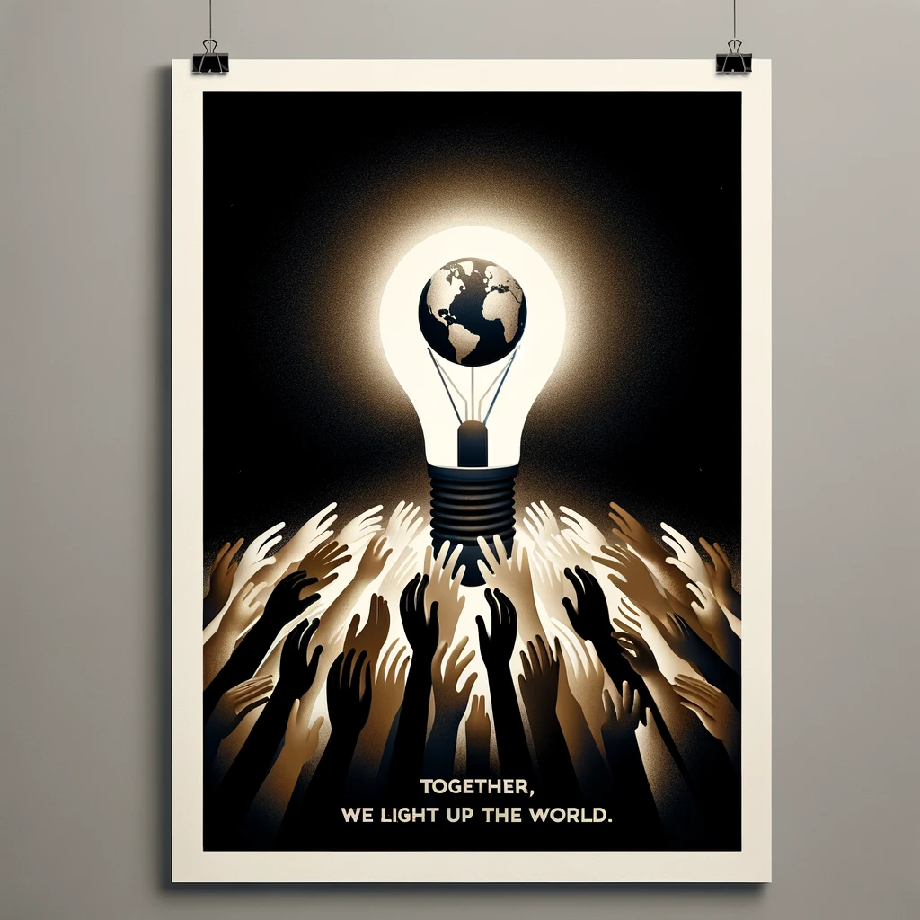 A minimalist poster design featuring a single light bulb surrounded by darkness, with a diverse group of hands reaching towards it. The light bulb symbolizes an idea or solution, and the hands represent people from different backgrounds coming together to support and illuminate it. The caption below reads, "Together, we light up the world." This design is both simple and powerful, conveying the message that unity and collaboration across cultures and communities can bring about enlightenment and positive change. The overall aesthetic is clean and modern, with a focus on the symbolism of light and togetherness.