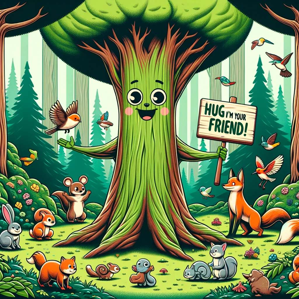 A cartoon illustration of a tree with human-like features, standing tall in a lush forest. The tree has a broad smile and is holding a sign that reads, "Hug me, I'm your friend!" Animals of the forest, including squirrels, birds, and a fox, gather around it in a show of unity and friendship. The image promotes environmental awareness and the importance of trees in providing habitat, oxygen, and beauty. The style is playful and colorful, aiming to appeal to both children and adults by conveying the message that nature is a friend worth protecting and cherishing.