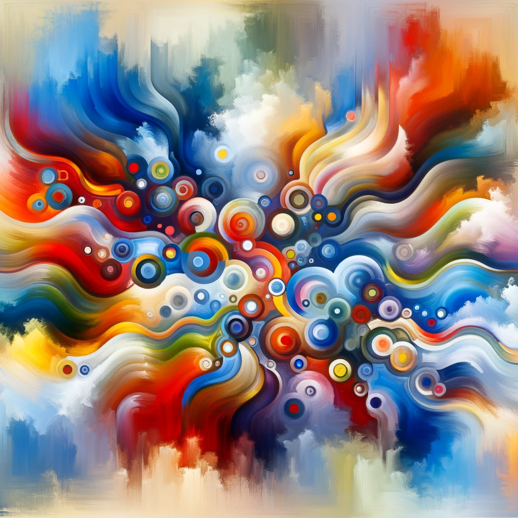 An abstract painting depicting the concept of unity and diversity. The artwork is composed of various shapes and colors, blending together to form a harmonious whole. Each shape represents a unique individual or idea, and their convergence creates a vibrant and cohesive image. The painting emphasizes the beauty of diversity and the strength found in coming together, despite differences. The use of bright, contrasting colors against a calm background illustrates the dynamic balance between unity and diversity, offering a visual metaphor for societal harmony.