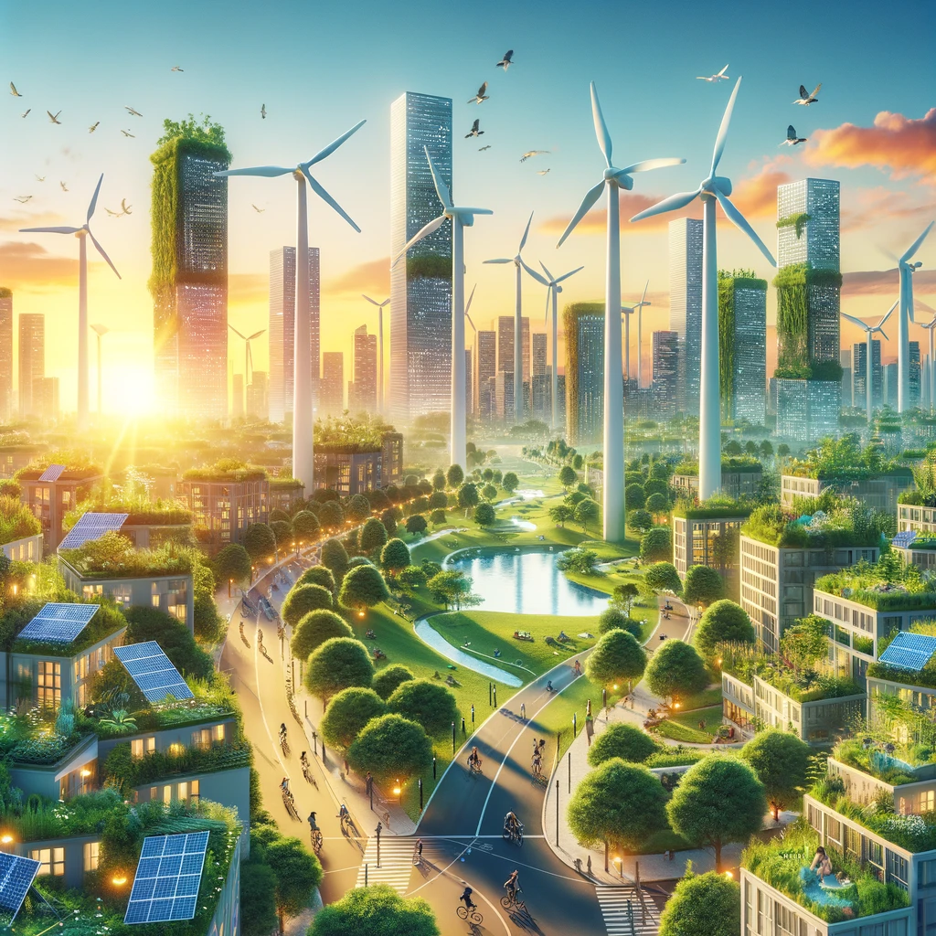 A digital artwork showcasing a peaceful city where renewable energy sources power everything. Wind turbines and solar panels are integrated seamlessly into the urban landscape, with green roofs and vertical gardens on buildings. People are seen enjoying the outdoors, riding bikes, and walking in lush green parks. The scene is set during a beautiful sunset, casting a warm glow over the eco-friendly city. The image conveys a vision of sustainability and harmony with nature, inspiring viewers to imagine a future where cities and the environment coexist in balance.