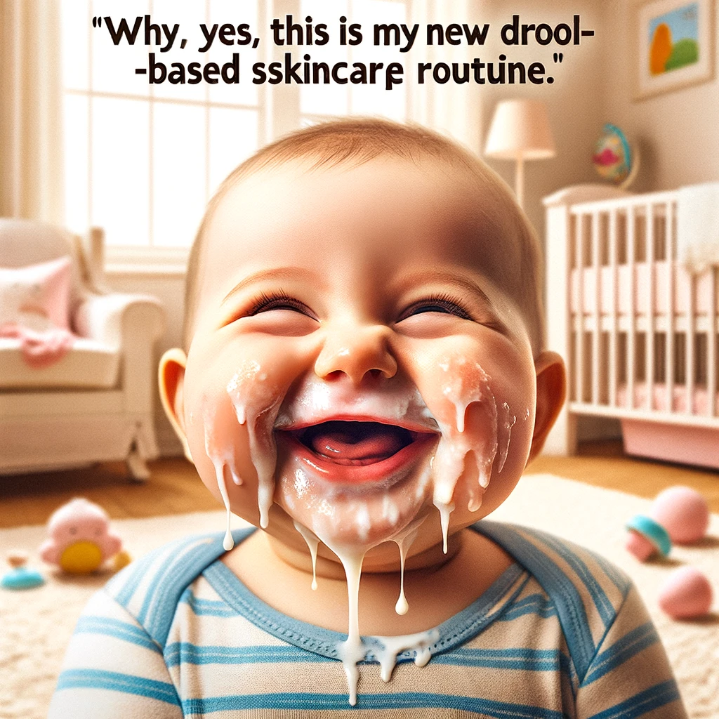 A comical image of a baby with an enormous amount of drool, smiling blissfully unaware of the mess. The baby's joyful expression contrasts humorously with the drool covering their chin and shirt. The setting is a bright and cheerful nursery, emphasizing the innocence and carefree nature of the moment. Below this lighthearted scene, the caption in a playful font reads: 'Why yes, this is my new drool-based skincare routine.' The image captures the adorable messiness of babyhood in a humorous and affectionate way.