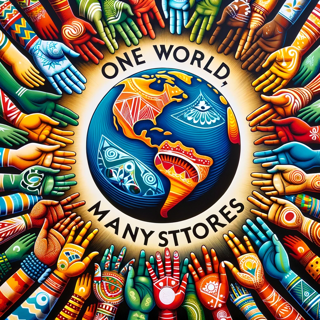 A vibrant poster featuring a stylized globe surrounded by diverse human hands, each painted in different patterns and colors representing various cultures around the world. The hands are reaching out to the globe in a gesture of care and unity. Above the globe, a bold caption reads, "One World, Many Stories." This poster symbolizes the interconnectedness of all humans and the richness of our collective stories and experiences. It encourages respect, understanding, and appreciation for cultural diversity, aiming to foster a sense of global community and solidarity.