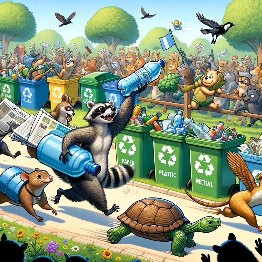 A humorous illustration of various animals participating in a 'Recycle Relay Race,' each carrying different types of recyclable materials (paper, plastic, metal, glass) towards recycling bins. The race is taking place in a park, with trees, flowers, and a cheering crowd of other animals watching. A raccoon is passing a plastic bottle to a turtle, who looks determined to reach its bin. In the background, a bird flies with a newspaper, and a squirrel dashes with a metal can. This image combines fun and education, highlighting the importance of recycling and environmental stewardship in an engaging and lighthearted manner.