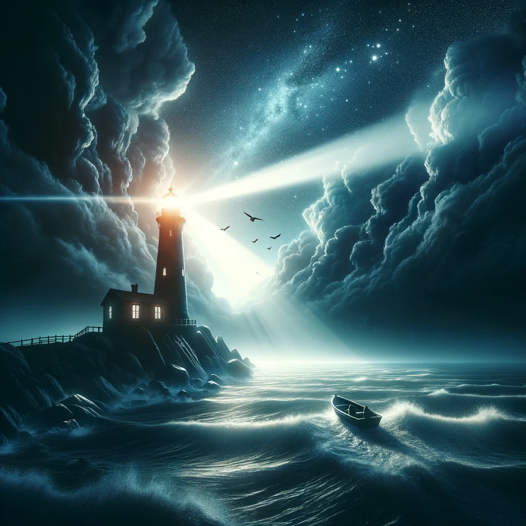 An inspirational image of a lighthouse shining brightly over a turbulent sea, with dark clouds parting to reveal a clear, starry sky above. The lighthouse stands on a rocky shore, symbolizing guidance, hope, and safety in times of difficulty. In the foreground, a small boat navigates the rough waters, heading towards the light. This scene metaphorically represents perseverance, the power of hope, and the importance of seeking light in the darkness. The image is rendered with dramatic lighting and contrasts, emphasizing the beacon of hope that the lighthouse provides.