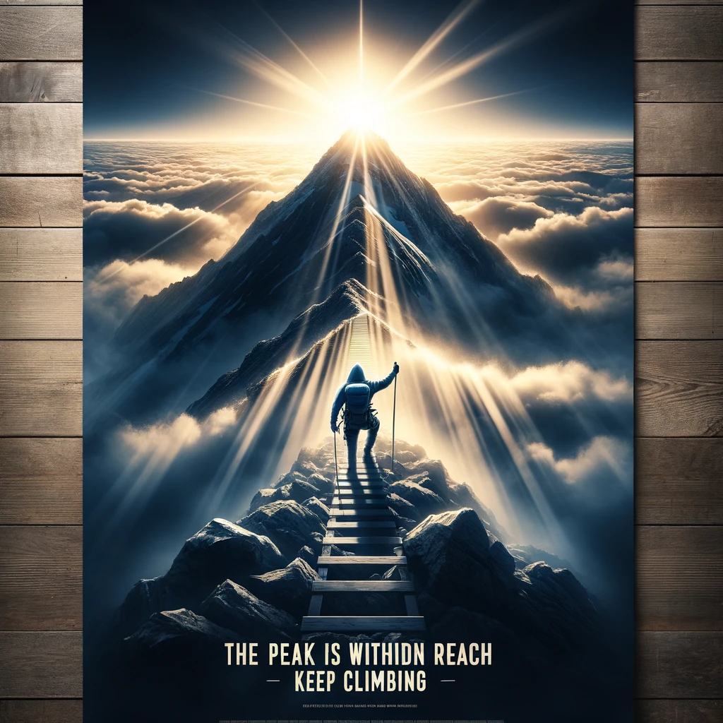 A motivational poster showing a mountain climber reaching the summit at sunrise. The climber is silhouetted against the brightening sky, with rays of sunlight breaking through the clouds. Below, the challenging path they've climbed is visible, representing the journey and struggles faced along the way. The caption at the bottom reads, "The peak is within reach, keep climbing." This image is designed to inspire determination and resilience, reminding viewers that perseverance through challenges can lead to achieving one's goals. The poster is visually striking, with a focus on the contrast between the darkness of the mountain and the light of the new day.