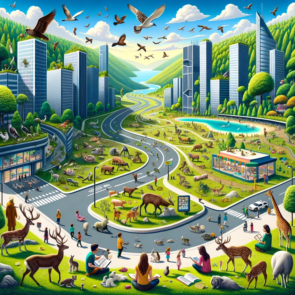 An imaginative illustration of a world where animals and humans live in harmony, with cities designed to accommodate both. Skyscrapers have green spaces for birds, streets have safe passages for wildlife, and people are seen engaging in activities with animals, such as reading in parks alongside deer, and teaching classes to both children and animals. This utopian scene emphasizes coexistence and respect for all living beings, showcasing a balanced ecosystem where nature and urban life blend seamlessly. The message is one of environmental conservation, empathy, and the imaginative possibilities of a shared world.