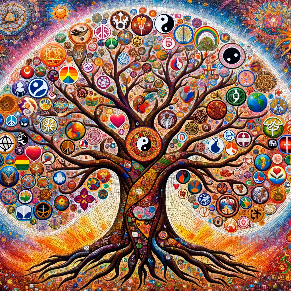 A colorful mosaic depicting a large tree, its branches reaching out and intertwining with symbols from various cultures around the world. Each branch is adorned with different cultural symbols, such as the peace sign, yin yang, heart, and various religious and traditional icons, representing the unity and interconnectedness of humanity. The background is a kaleidoscope of colors, symbolizing the diversity of the world. This artwork conveys a powerful message of global harmony, mutual respect, and the beauty of cultural diversity coming together to form a cohesive and peaceful whole.