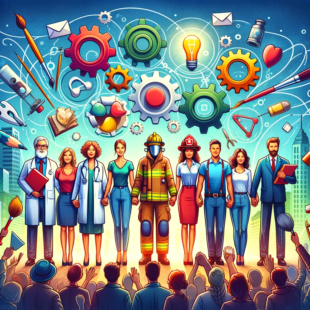 A dynamic illustration of a group of people from different professions - a doctor, an artist, a teacher, a firefighter, and an engineer - standing together in a circle, holding hands. They are surrounded by icons representing their professions, like a paintbrush, a helmet, a stethoscope, a book, and gears. Above them, interconnected gears and light bulbs symbolize collaboration and innovation. The background shows a vibrant cityscape, suggesting that their combined efforts contribute to the community's well-being. This image celebrates diversity in careers and the idea that everyone plays a crucial role in society, highlighting teamwork and mutual respect.