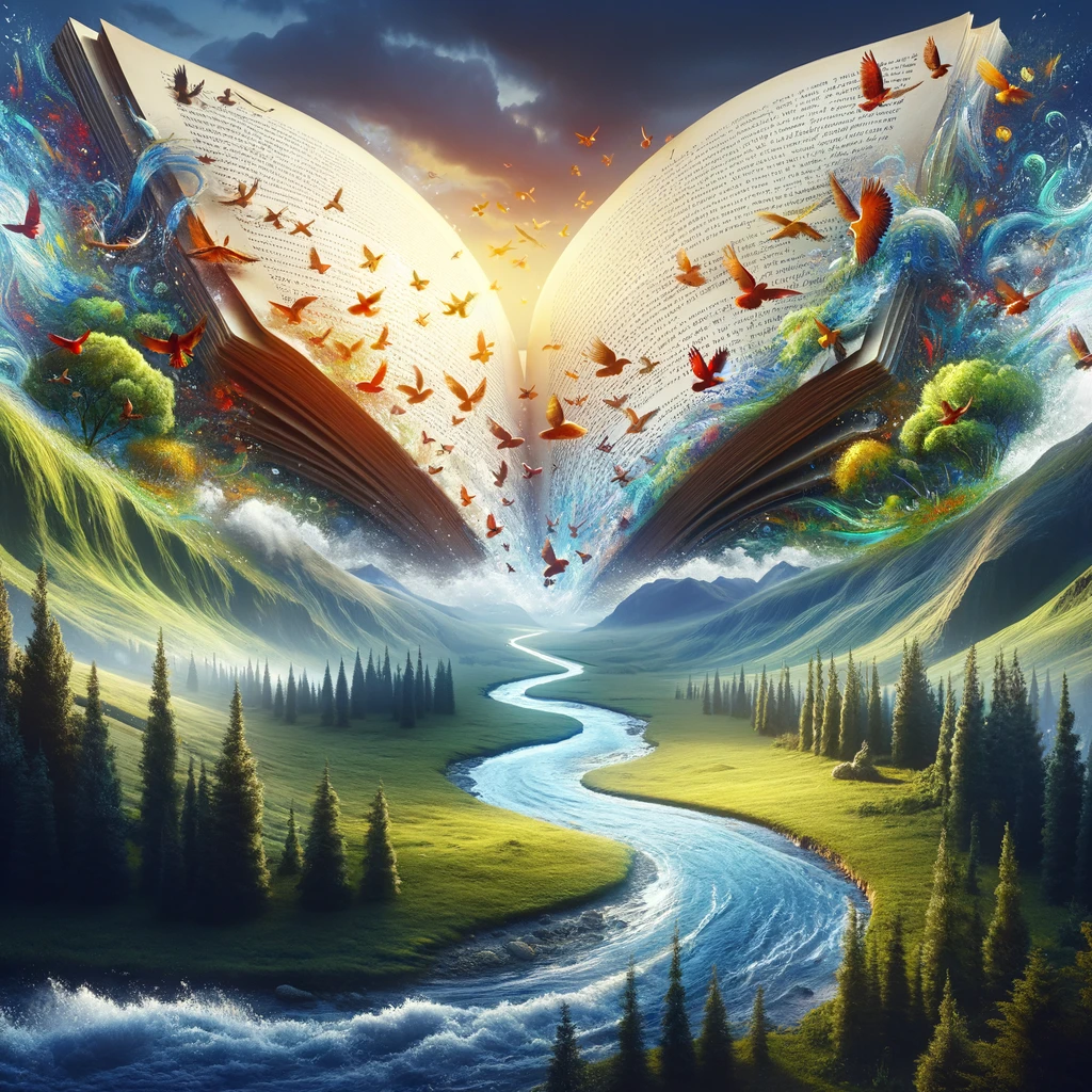 A surreal digital painting showing a giant open book from which a river flows, meandering through a landscape of rolling hills and forests. The pages of the book are filled with words that transform into birds, flying off into the sky. This scene symbolizes the power of storytelling and education to nourish the mind and spirit, with the river representing the flow of knowledge and the birds as ideas taking flight. The landscape is vibrant and alive, suggesting that learning and imagination can transform the world around us. The image is both magical and inspiring, encouraging viewers to explore the depths of their own creativity and understanding.