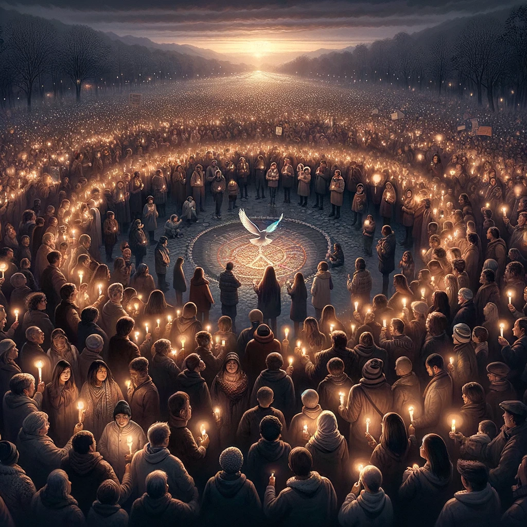 An artistic representation of a peaceful protest, with people of all ages and backgrounds coming together in a large circle, holding candles in a vigil for peace and unity. The scene takes place at dusk, with the soft glow of the candles illuminating the participants' faces, highlighting their diversity and shared humanity. In the center of the circle, a dove is released into the sky, symbolizing hope and the collective desire for a harmonious world. The atmosphere is serene and powerful, conveying a message of solidarity, love, and the strength found in peaceful actions.