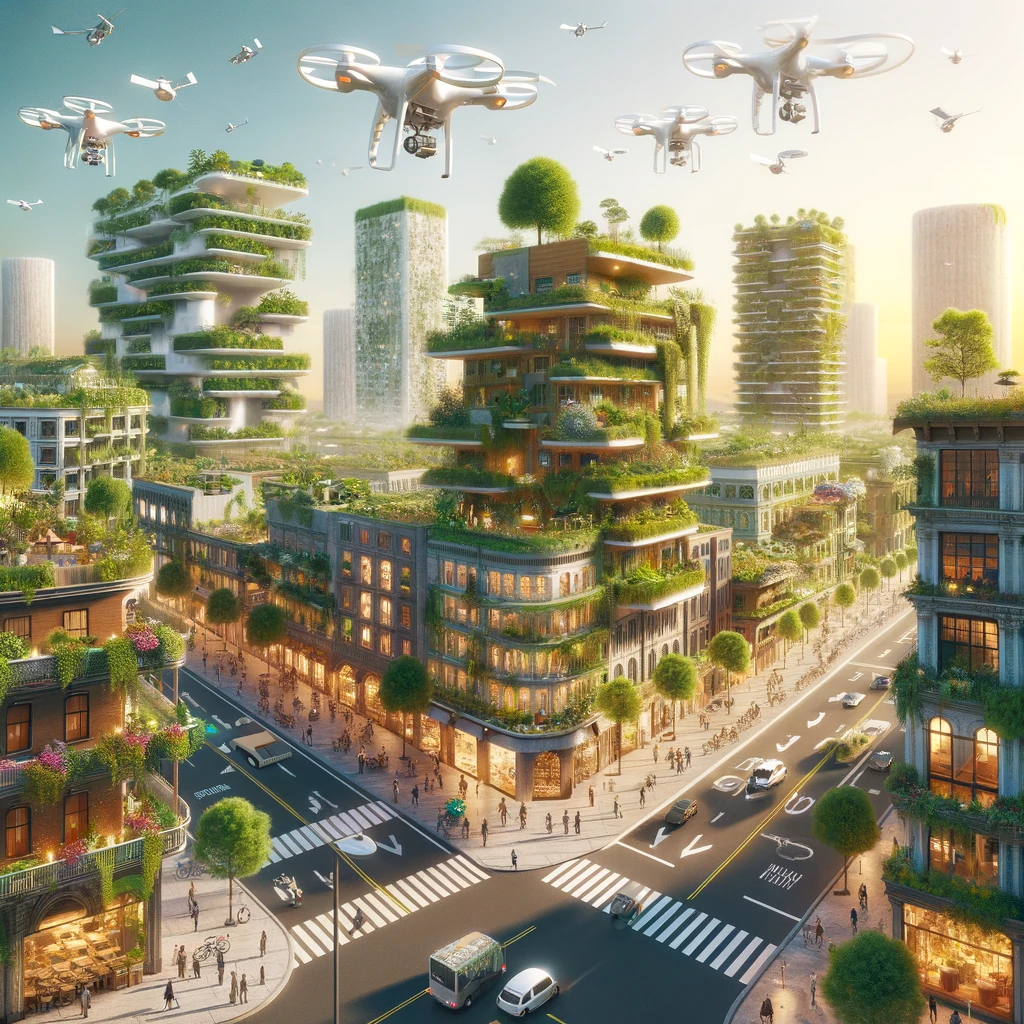 A futuristic cityscape where traditional buildings and streets are interwoven with lush greenery, vertical gardens, and rooftop farms. The streets are bustling with people and eco-friendly transportation modes like bicycles and electric cars. In the sky, drones are seen planting trees and watering green spaces. This visionary scene illustrates a harmonious blend of technology and nature, showcasing a sustainable urban environment where green initiatives and technological advancements work together to create a healthier, more livable city. The image inspires optimism for future urban planning and environmental preservation.