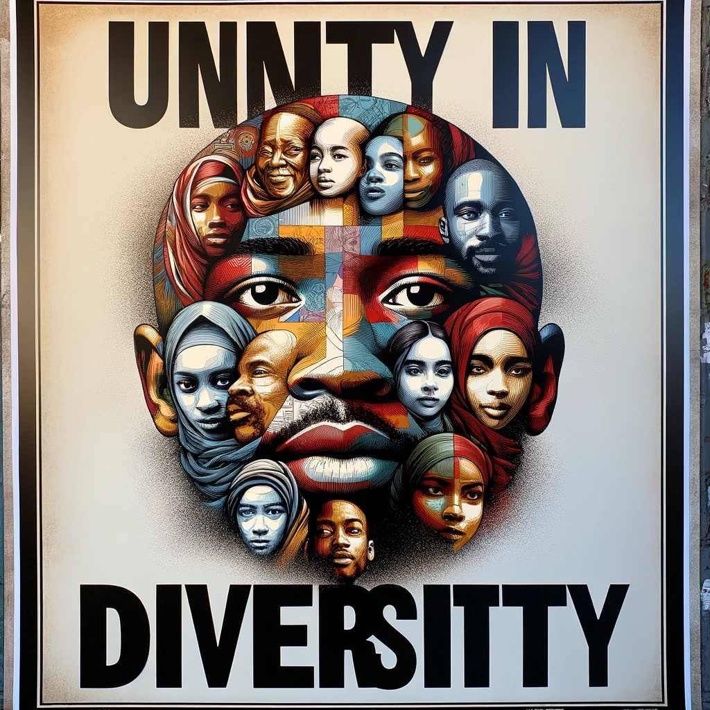 A striking graphic poster with the phrase "Unity in Diversity" boldly displayed in the center. Around the text, a collage of human faces from various ethnicities, ages, and backgrounds merge together to form a single, cohesive image. The faces are depicted in a range of colors and textures, symbolizing the rich tapestry of human life. This poster emphasizes the strength and beauty found in our differences, advocating for inclusivity, mutual respect, and understanding across cultures. The design is both modern and timeless, serving as a powerful reminder of our shared humanity.