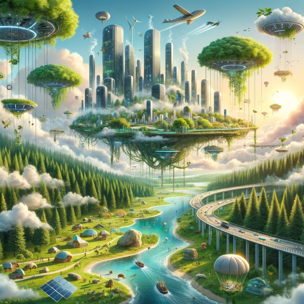 An enchanting illustration of a world where technology and nature exist in perfect harmony. Advanced, eco-friendly cities float among the clouds, connected by bridges made of vines and trees. Below, lush forests and clean rivers thrive, with wildlife roaming freely. Solar panels and wind turbines blend with the natural landscape, powering the floating cities above. People travel between the earth and the sky cities using environmentally friendly vehicles, such as solar-powered airships and electric gliders. This image inspires a dream of sustainable living, where human innovation complements the natural world, leading to a balanced and thriving planet.