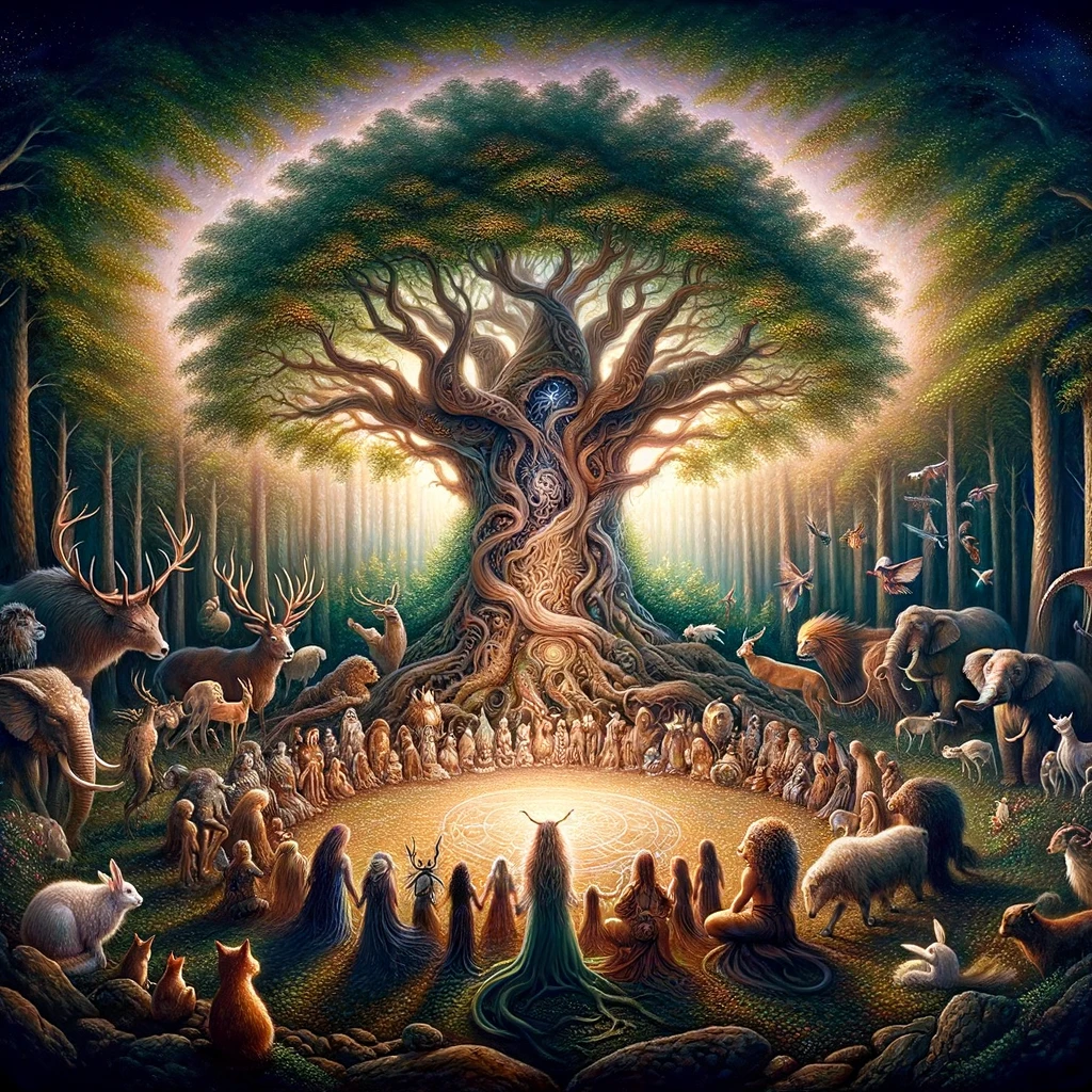 A captivating painting of an ancient tree at the heart of a mystical forest, its roots deeply intertwined with the earth and its branches stretching high into the sky. Surrounding the tree, a diverse assembly of creatures, both mythical and real, gather in a circle, symbolizing unity and the interconnectedness of all life. The tree glows with an ethereal light, casting gentle illumination on the faces of the gathered beings. This scene represents the ancient wisdom and the sacred bond between nature and its inhabitants, encouraging a deep respect for the environment and the diverse forms of life it sustains.