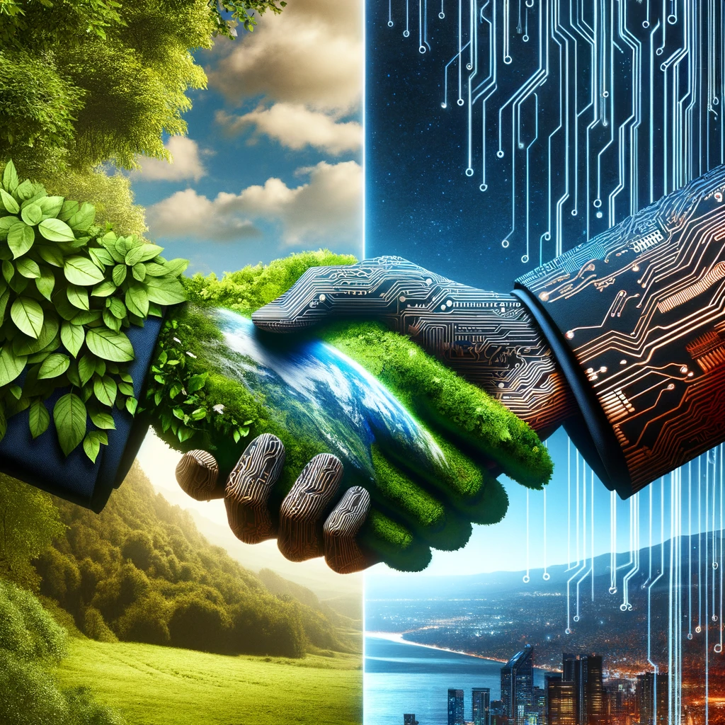 A powerful graphic illustration of a handshake between two hands, one made of lush green leaves and the other constructed from digital circuitry. This image symbolizes the fusion of technology and nature, suggesting a future where human advancements and the environment coexist in mutual support. The background is a split scene, with one side depicting a thriving natural landscape and the other showing a futuristic cityscape. This artwork encourages viewers to think about sustainability, innovation, and the potential for technology to aid in environmental conservation, rather than detract from it.
