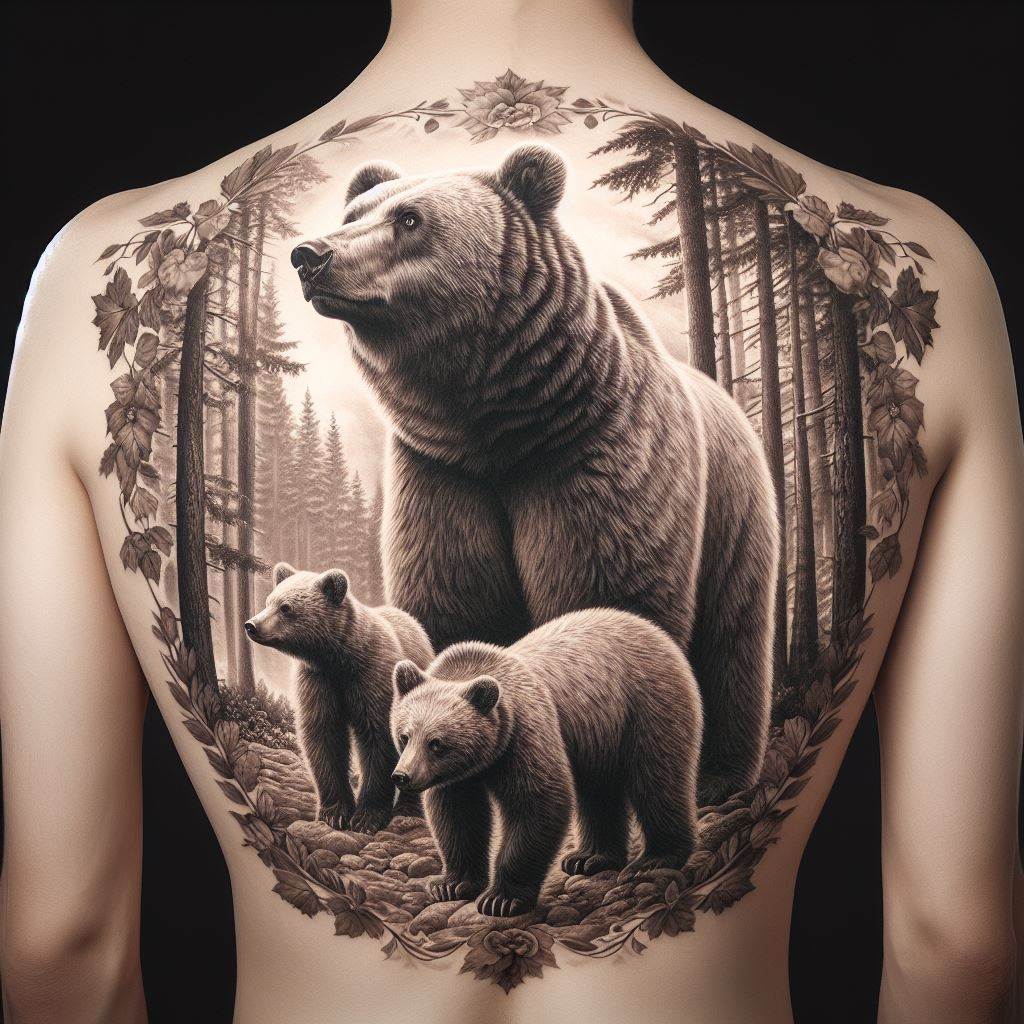 A large, majestic bear standing with two cubs at the edge of a forest, looking out into the distance, tattooed across the upper back. The scene is peaceful, yet full of life, with every detail from the bears' fur to the leaves on the trees meticulously rendered. This tattoo represents protection, guidance, and the journey of life, emphasizing the strength found in unity and family.