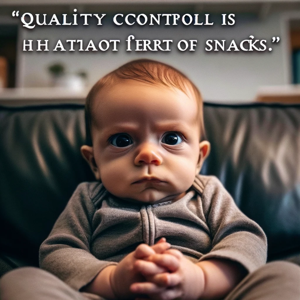'Quality control is paramount in the realm of snacks.' The image captures the baby's intense focus and the humorous seriousness with which they approach snack time, embodying the role of a meticulous snack inspector.