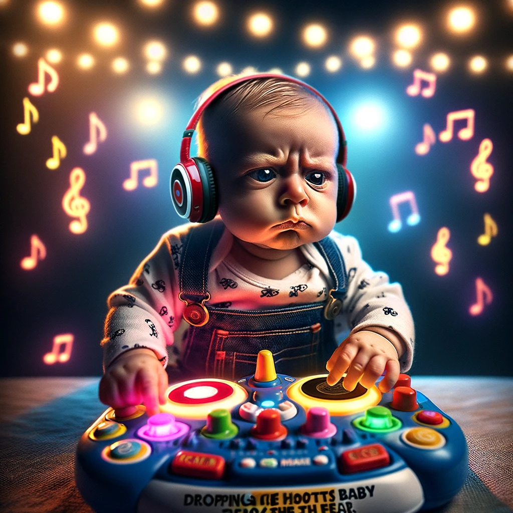 A captivating scene of a baby playing with a toy that makes music, looking extremely focused as they turn knobs and press buttons like a professional DJ. The baby is surrounded by colorful lights and musical notes, creating an atmosphere of a mini dance floor. The expression on the baby's face is one of serious concentration, fully immersed in the music they are creating. Below this engaging scene, the caption in a playful font reads: 'Dropping the hottest baby beats of the year.' The image captures the baby's enthusiasm and the imaginative play that music inspires in children.