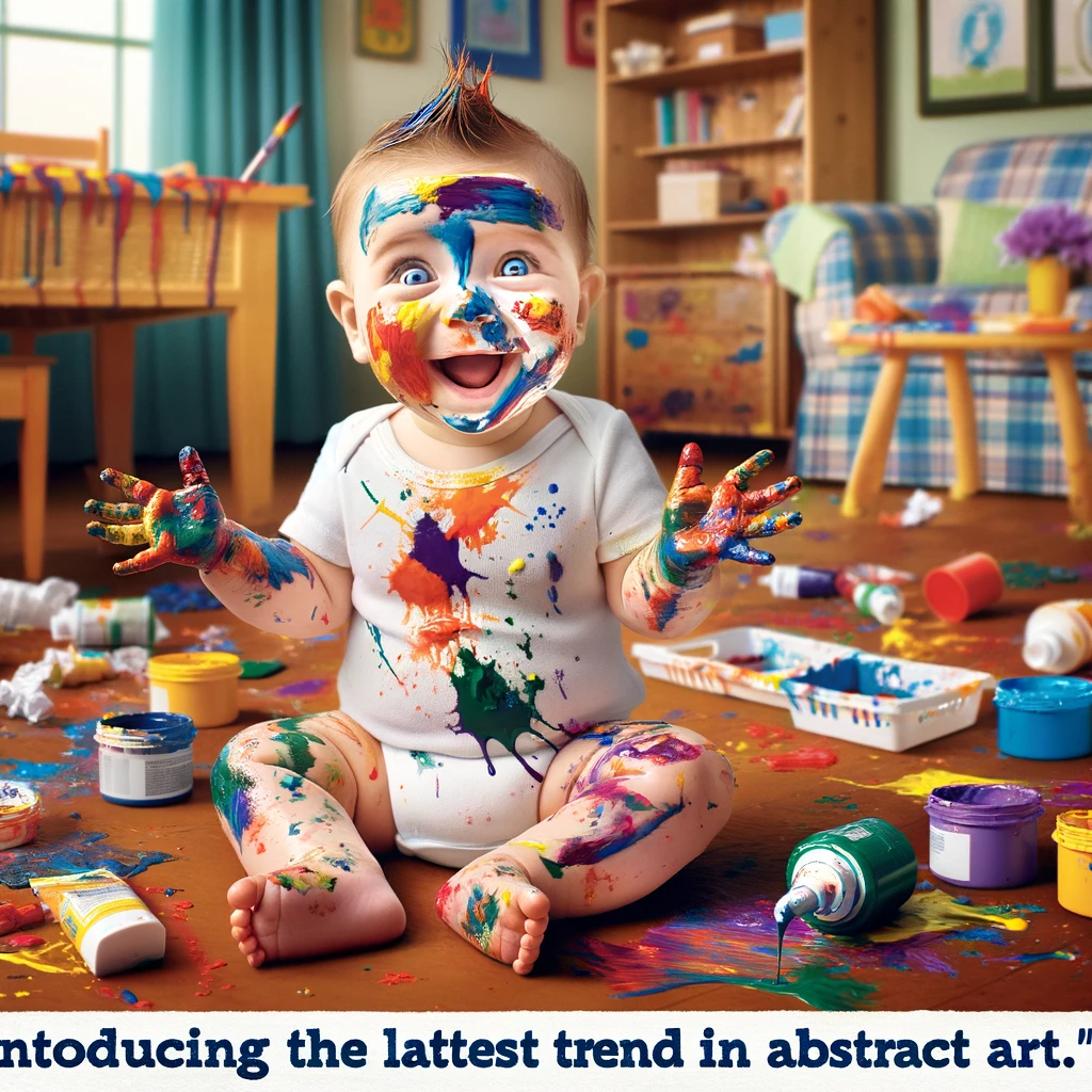 An endearing and humorous scene of a baby completely covered in paint, looking incredibly proud of their creative chaos. The paint is everywhere - on the baby's hands, face, and all over the surrounding area, with colorful splatters on the floor, walls, and furniture. The baby's expression is one of triumph, as if they've just discovered a new form of art. Below this colorful disaster, the caption in a playful font reads: 'Introducing the latest trend in abstract art.' The image captures the joy of exploration and the messiness that often accompanies creative expression in children.
