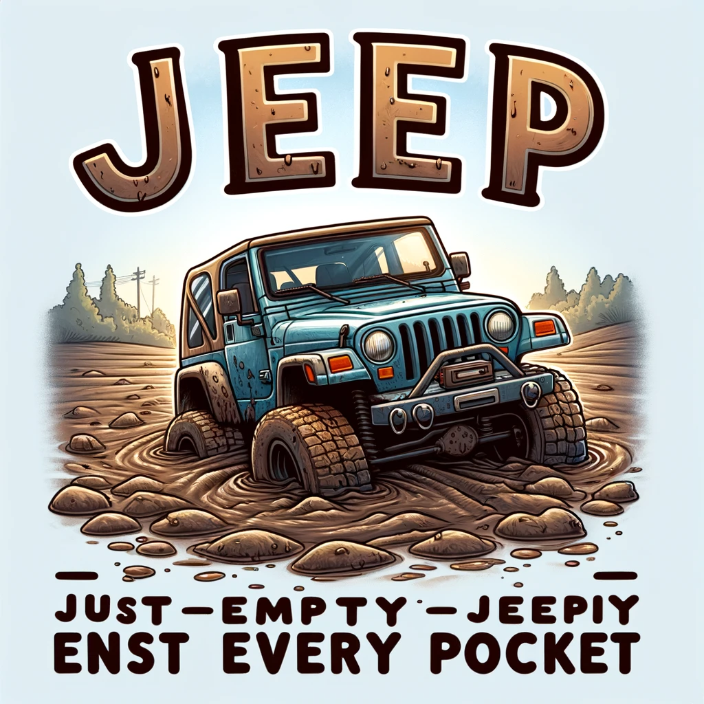 A humorous image of a jeep stuck in mud with the caption "Jeep: Just Empty Every Pocket" in a cartoonish style.