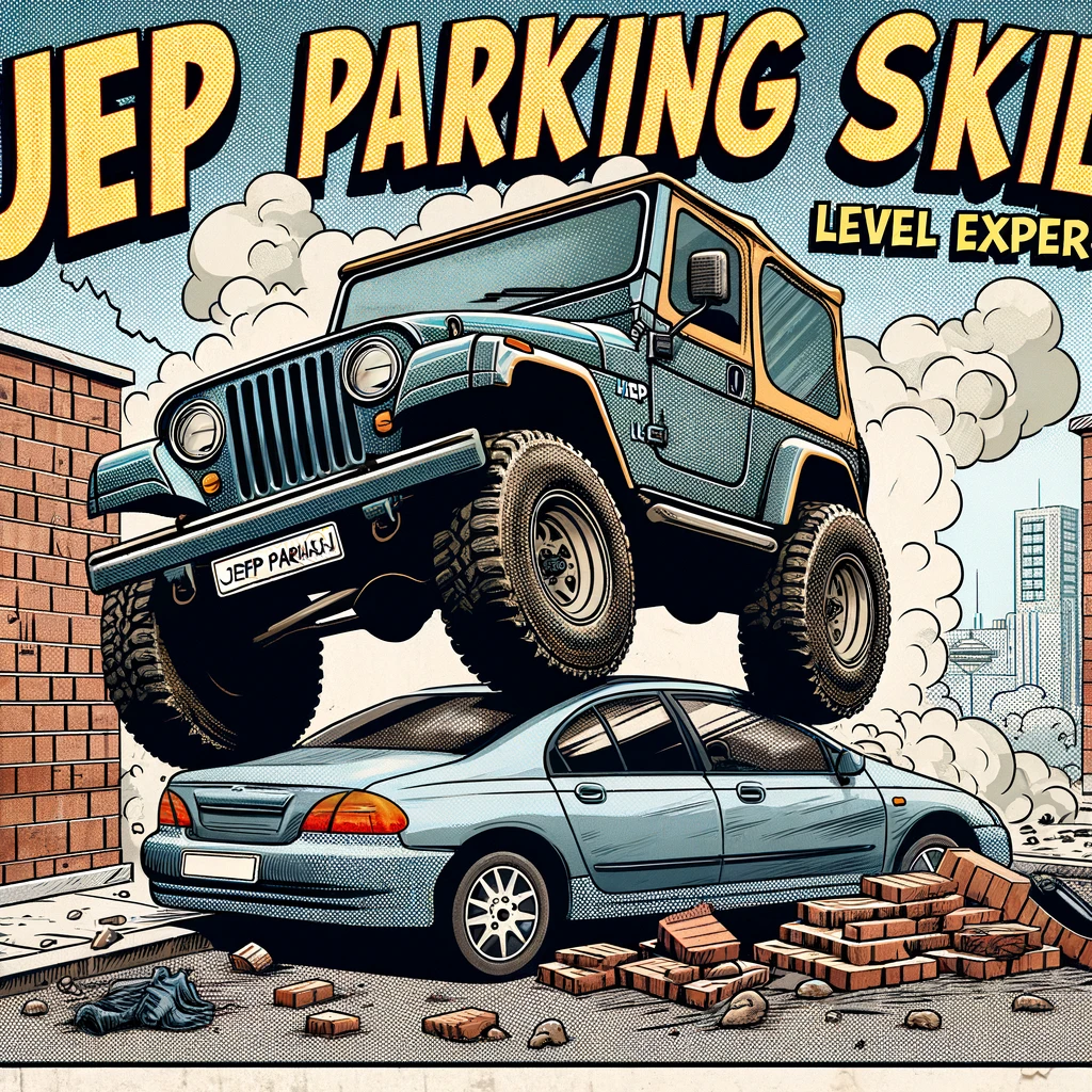 A funny image of a jeep parked on top of a small car with the caption "Jeep parking skills: Level Expert" in a comic book style.