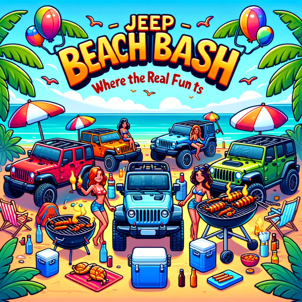 A playful image showing a group of jeeps at a beach party with grills and coolers, captioned "Jeep Beach Bash: Where the Real Fun Starts" in a vibrant, cartoon style.