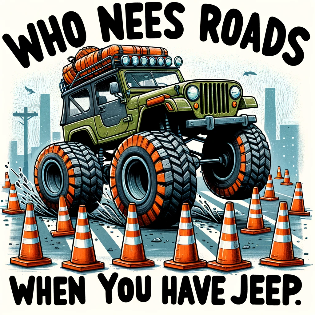 A comical image of a jeep with oversized wheels driving over traffic cones, with the caption "Who needs roads when you have a Jeep?" in a whimsical, cartoon style.