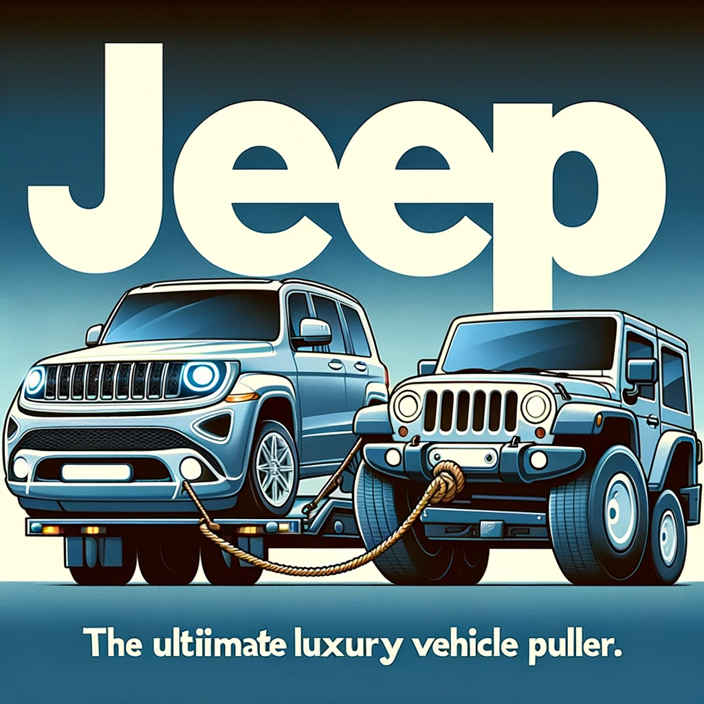 An amusing image of a jeep towing another luxury car, with the caption "Jeep: The Ultimate Luxury Vehicle Puller" in a playful, cartoon style.