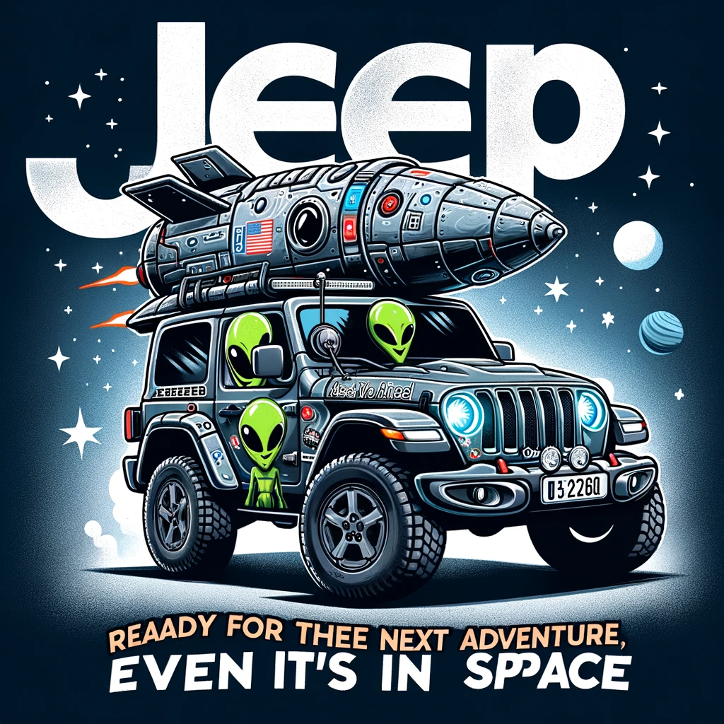 A hilarious image of a jeep disguised as a spaceship, complete with alien decals, captioned "Jeep: Ready for the Next Adventure, Even in Space" in a futuristic, cartoon style.