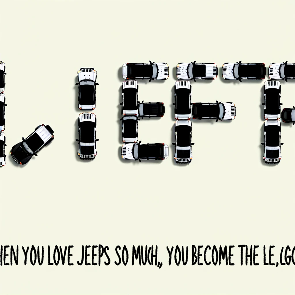 A witty image of a group of jeeps parked in a formation that spells "JEEP" from an aerial view, with the caption "When you love Jeeps so much, you become the logo" in a clever, cartoon style.