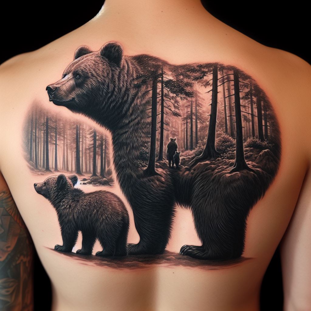 A large, majestic bear standing with two cubs at the edge of a forest, looking out into the distance, tattooed across the upper back. The scene is peaceful, yet full of life, with every detail from the bears' fur to the leaves on the trees meticulously rendered. This tattoo represents protection, guidance, and the journey of life, emphasizing the strength found in unity and family.