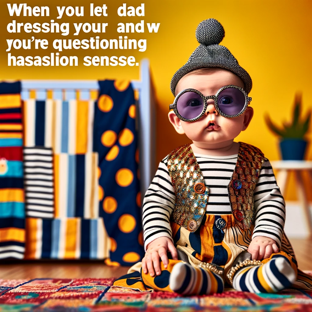 A humorous image of a baby dressed in a hilariously mismatched outfit, looking at the camera with a puzzled expression. The baby's attire includes stripes with polka dots, a tiny hat that doesn't match, and oversized sunglasses. The setting is a playful and colorful nursery, emphasizing the light-hearted fashion experiment. Below this amusing scene, the caption in a playful font reads: 'When you let dad dress you and now you're questioning his fashion sense.' The image captures the baby's confusion and the fun of unconventional baby outfits in a whimsical and adorable way.