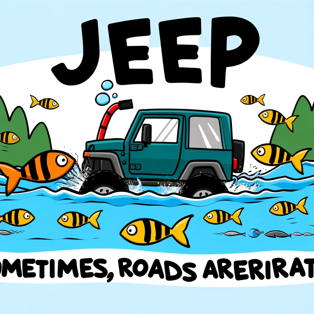A cheeky image of a jeep with a snorkel crossing a river, surrounded by fish, captioned "Jeep: Because sometimes, roads are overrated" in a playful, cartoon style.
