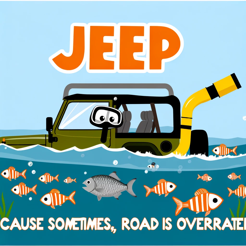 A cheeky image of a jeep with a snorkel crossing a river, surrounded by fish, captioned "Jeep: Because sometimes, roads are overrated" in a playful, cartoon style.