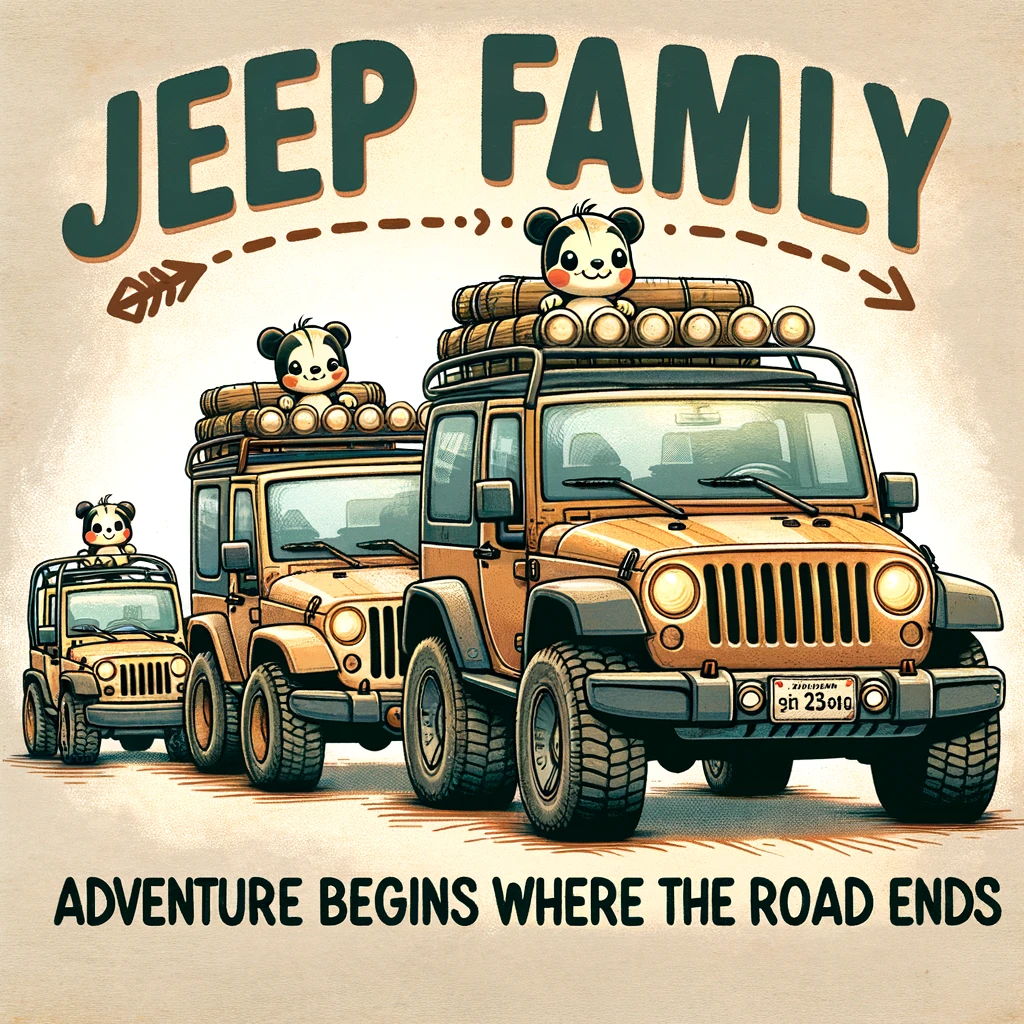 An endearing image of a family of jeeps, with the smallest jeep following the larger ones, captioned "Jeep Family: Adventure Begins Where the Road Ends" in a heartwarming, cartoon style.