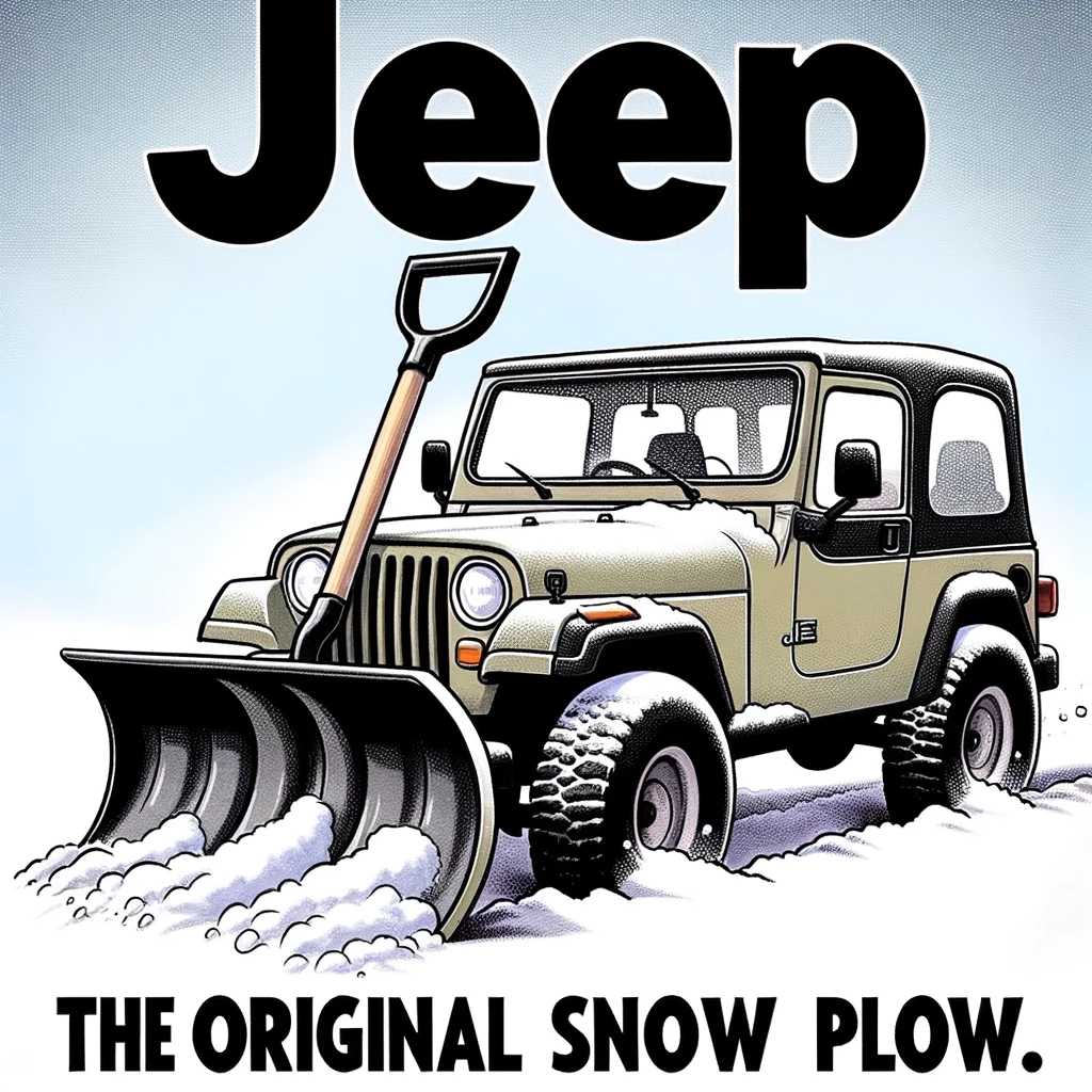 A satirical image of a jeep out in the snow, with a shovel attached to the front, captioned "Jeep: The Original Snow Plow" in a humorous, cartoon style.
