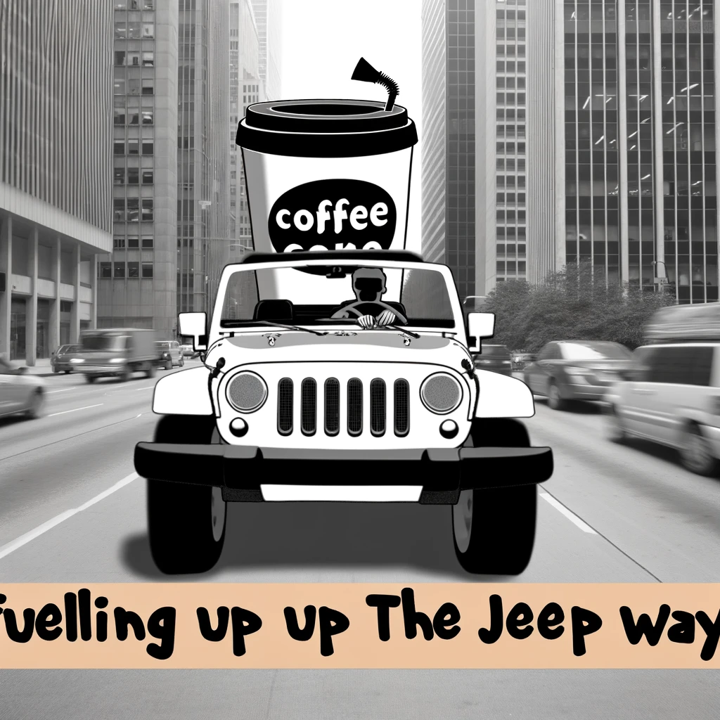 A quirky image of a jeep with a giant coffee cup on the roof, driving through the city, captioned "Fueling up the Jeep way" in a playful, cartoon style.