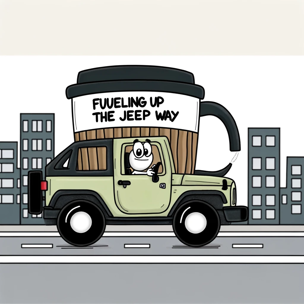 A quirky image of a jeep with a giant coffee cup on the roof, driving through the city, captioned "Fueling up the Jeep way" in a playful, cartoon style.