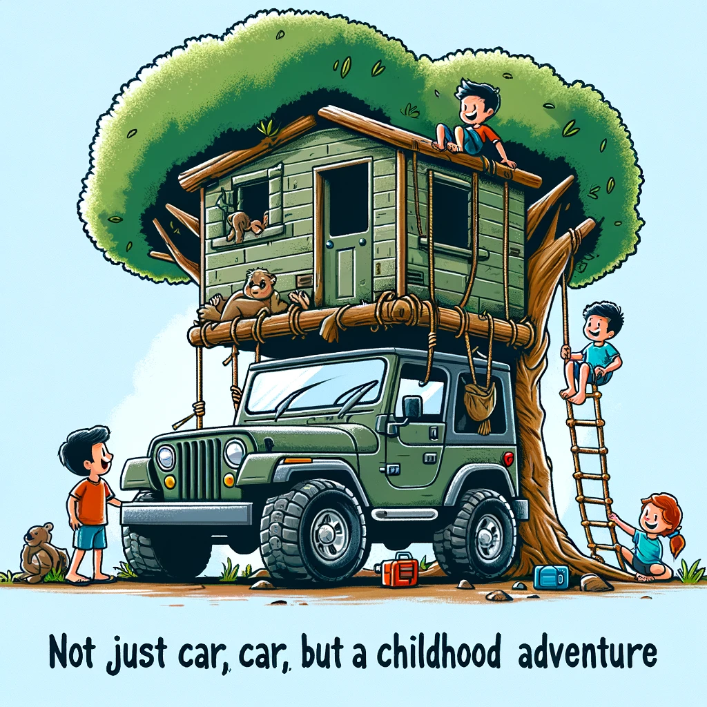 A comical image of a jeep being used as a makeshift treehouse, with kids playing around it, captioned "Jeep: Not just a car, but a childhood adventure" in a heartwarming, cartoon style.