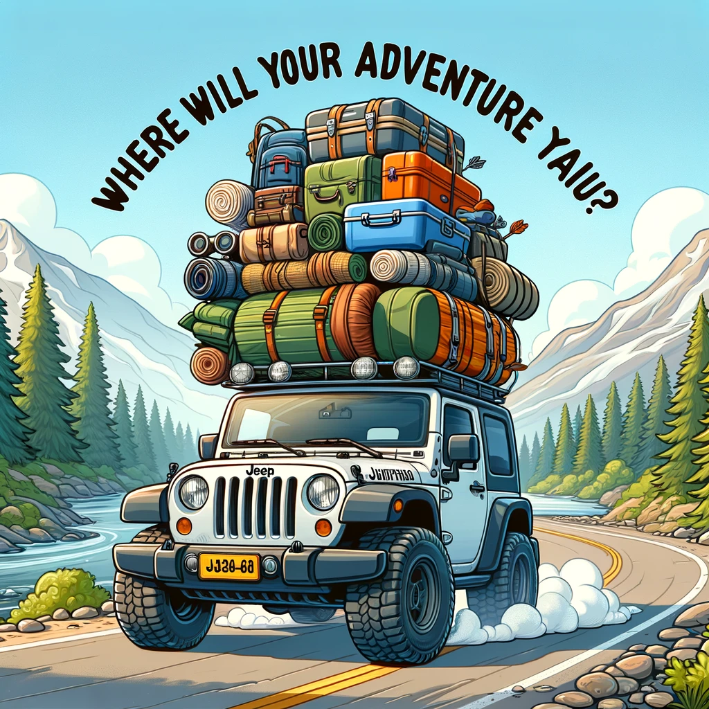 An amusing image of a jeep with a large stack of luggage and camping gear piled on top, driving through a scenic route, captioned "Jeep: Where will your adventure take you?" in an inspiring, cartoon style.