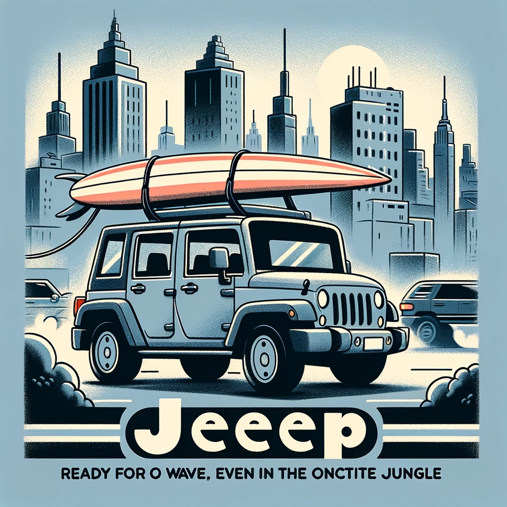 A humorous image of a jeep with a surfboard attached, driving past a cityscape, with the caption "Jeep: Ready for waves, even in the concrete jungle" in a playful, cartoon style.