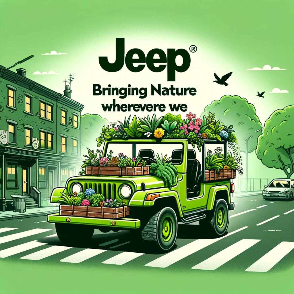 A playful image of a jeep converted into a mobile garden, full of plants and flowers, driving down a street, captioned "Jeep: Bringing nature wherever we go" in a green, cartoon style.
