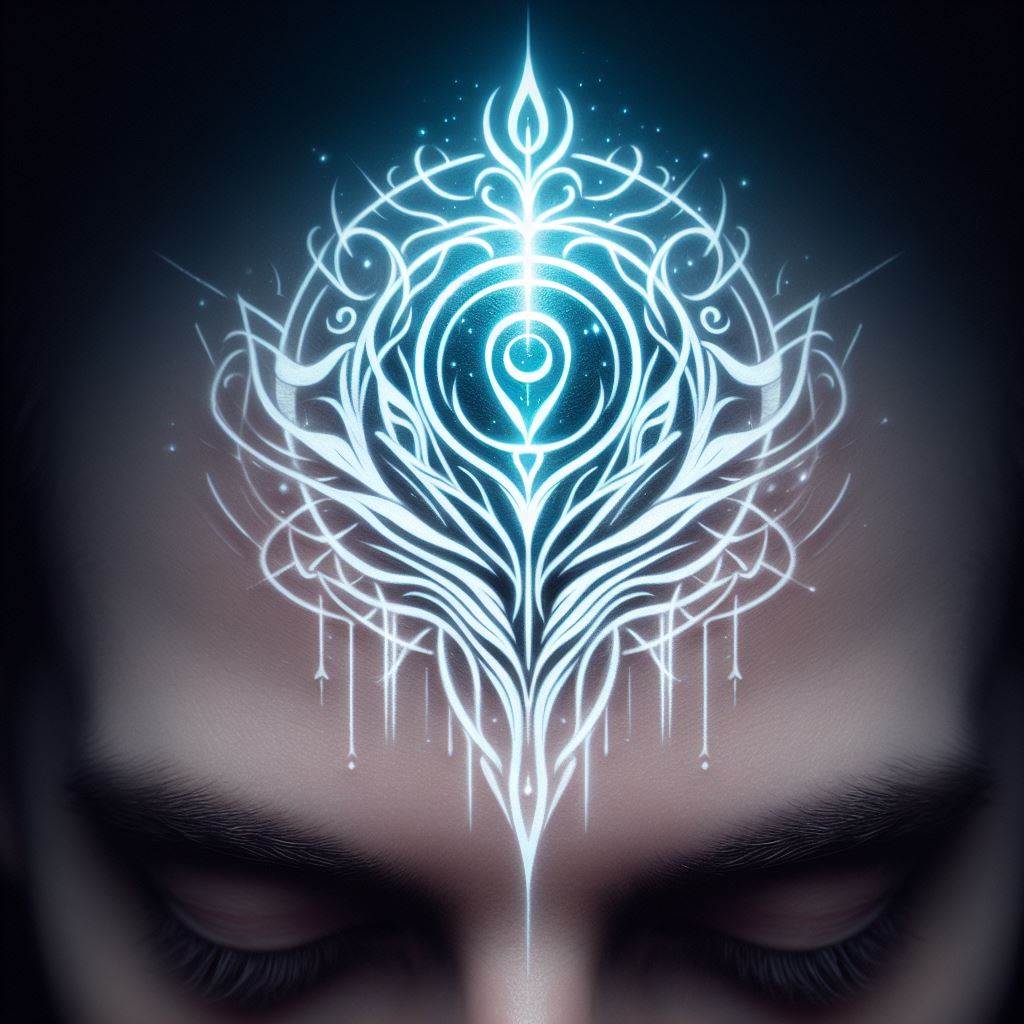 A fantasy-inspired tattoo, where a small, ethereal bear symbol is placed at the center of the forehead. This design, suitable for a fantasy or fictional setting, symbolizes intuition, wisdom, and a connection to the natural world. It's a mark of distinction, indicating a deep bond between the wearer and the spiritual essence of the bear, rendered with glowing lines to suggest a magical origin.