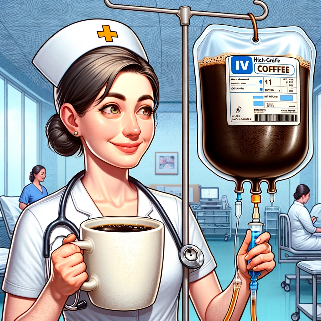 A nurse holding a giant coffee mug next to an IV stand that's dripping coffee into their veins, with a humorous expression. The nurse is in a hospital setting, looking ready to start their shift. The IV bag is filled with coffee and clearly labeled as such, with a tube leading directly to the nurse's arm. The background shows a bustling hospital ward to emphasize the beginning of a busy day. Caption: "Starting my shift with that high-grade IV caffeine!"