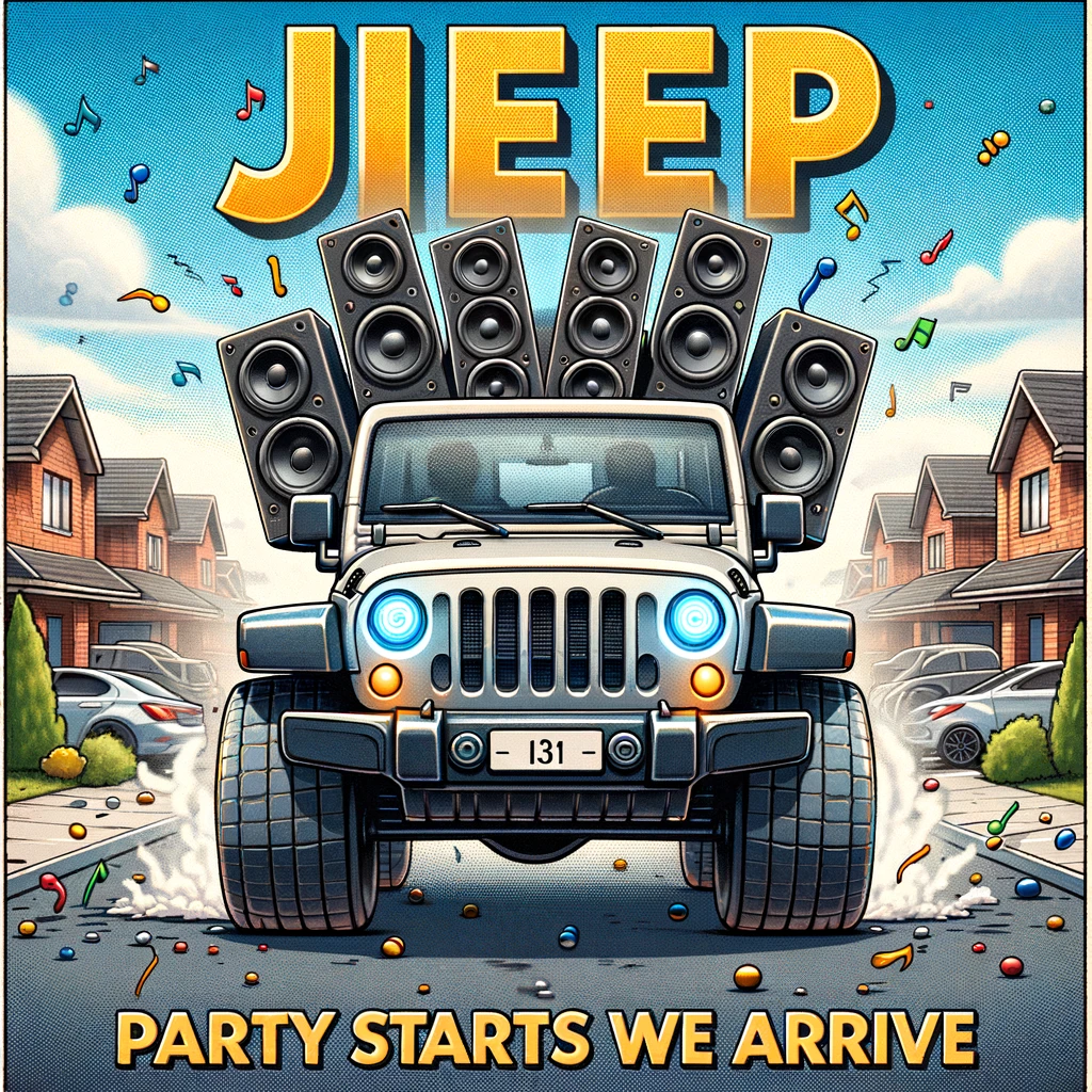 A funny image of a jeep with giant speakers in the back blasting music, driving through a neighborhood, captioned "Jeep: The party starts when we arrive" in a lively, cartoon style.