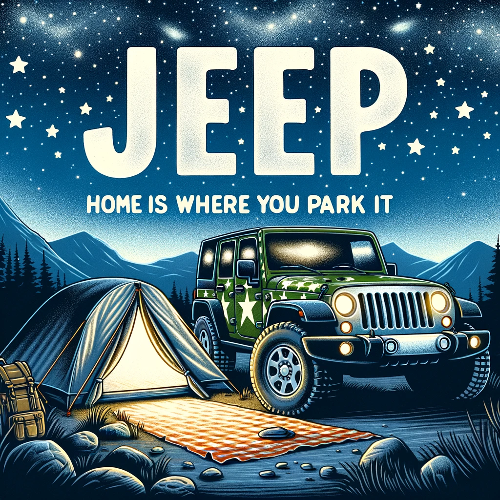 A clever image of a jeep parked next to a tent in a remote wilderness, under a starry sky, captioned "Jeep: Home is where you park it" in an adventurous, cartoon style.