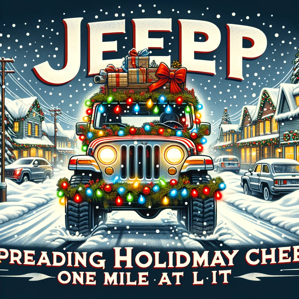 An endearing image of a jeep decked out in holiday lights and decorations, driving through a snowy town, captioned "Jeep: Spreading holiday cheer, one mile at a time" in a festive, cartoon style.