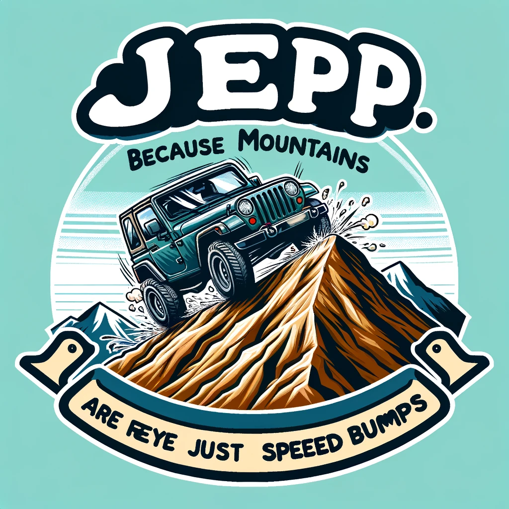 A playful image of a jeep climbing up a steep mountain, captioned "Jeep: Because mountains are just speed bumps" in a daring, cartoon style.